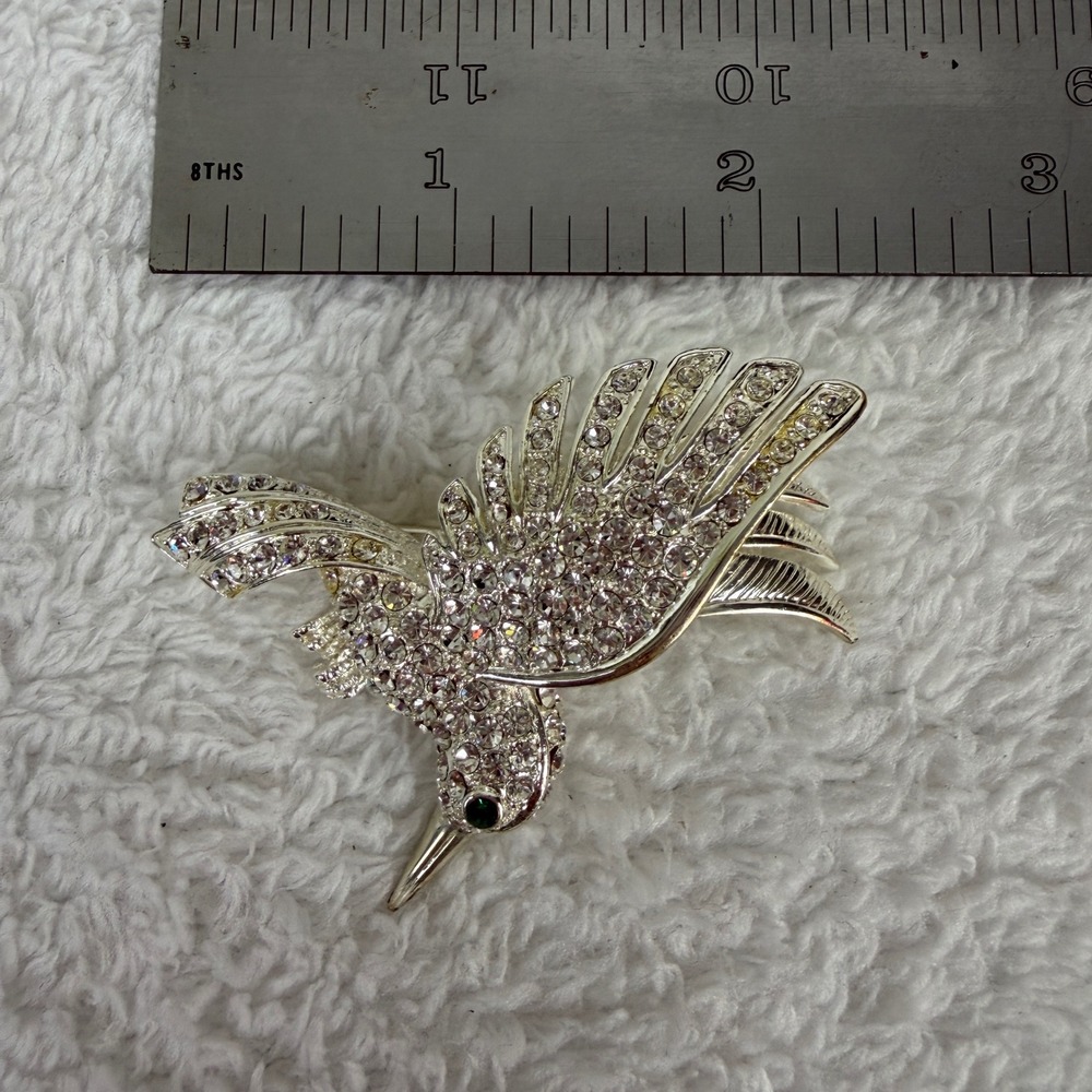 Silver Tone Rhinestone Hummingbird Brooch Pin Green Eye Crystal Bird Accessory - Picture 6 of 6
